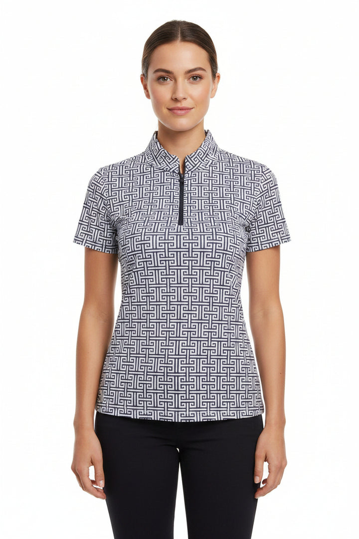 IBKUL Womens Candice Geo Key Short Sleeve Mock - Black/White