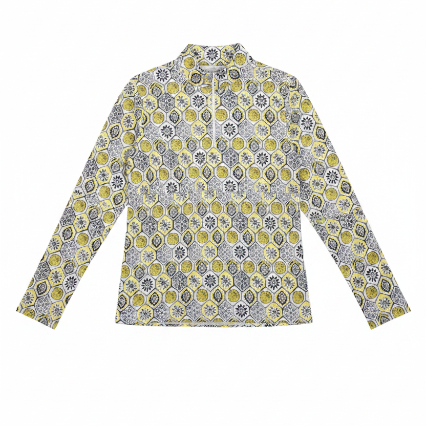 IBKUL Womens Long Sleeve Tile Zip Mock - Yellow/Multi