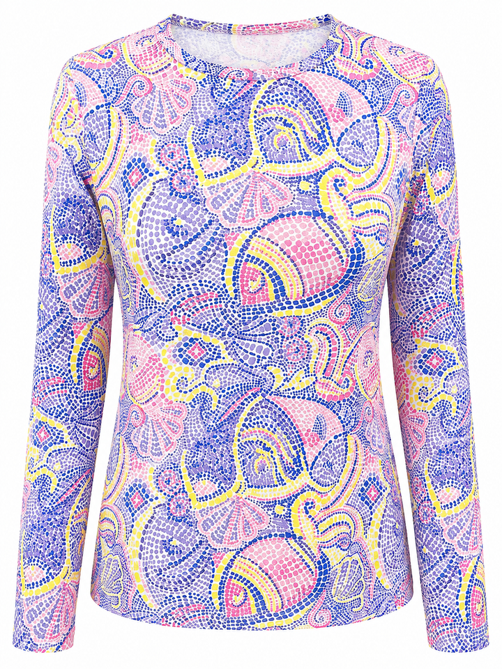 IBKUL Mariel Long Sleeve Crew Neck Top - Purple Multi Fish