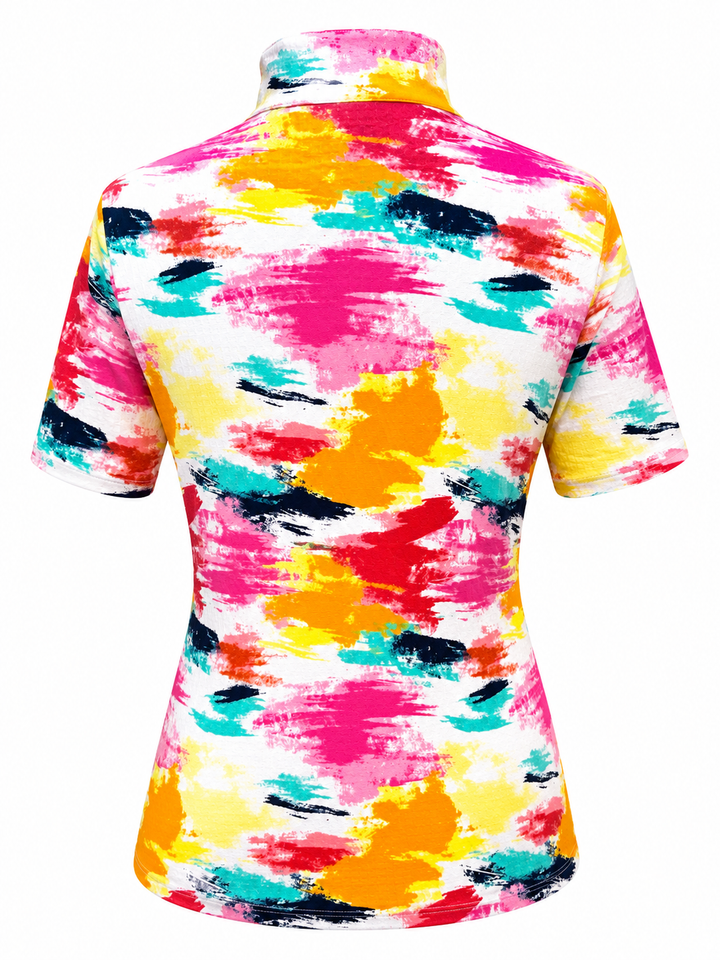 IBKUL Matilda Short Sleeve Zip Mock - Hot Pink Multi
