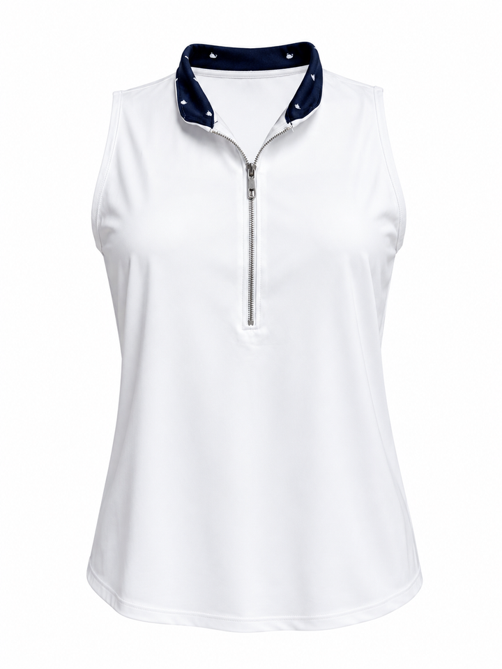 Amy Sport Isabel Sleeveless Top - White w/ Navy Collar Accent