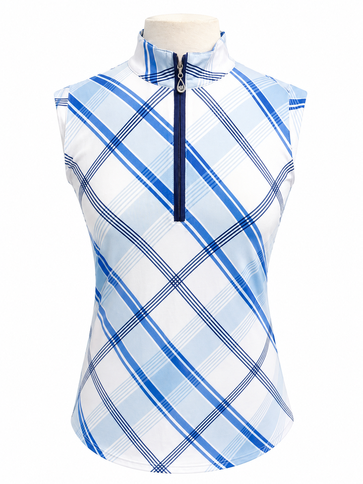 SanSoleil Womens Sleeveless Zip Top - Blue Plaid - Medium