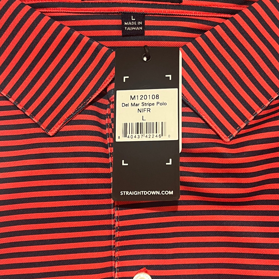 Straight Down Men's Golf Polo Del Mar Stripe New Indigo/Flag Red Size L