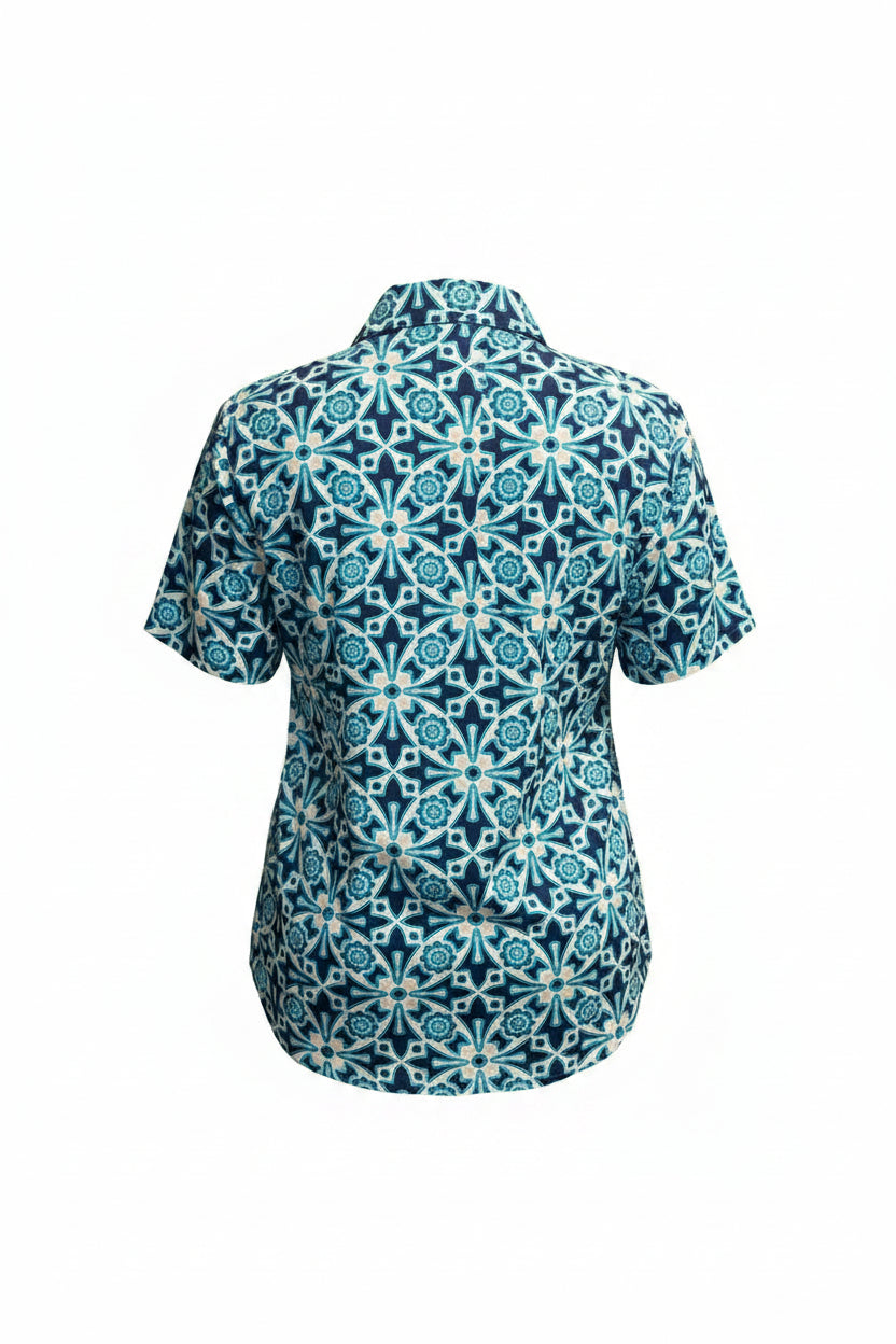 IBKUL Women's Short Sleeve Zip Mock - Morrocan Tile