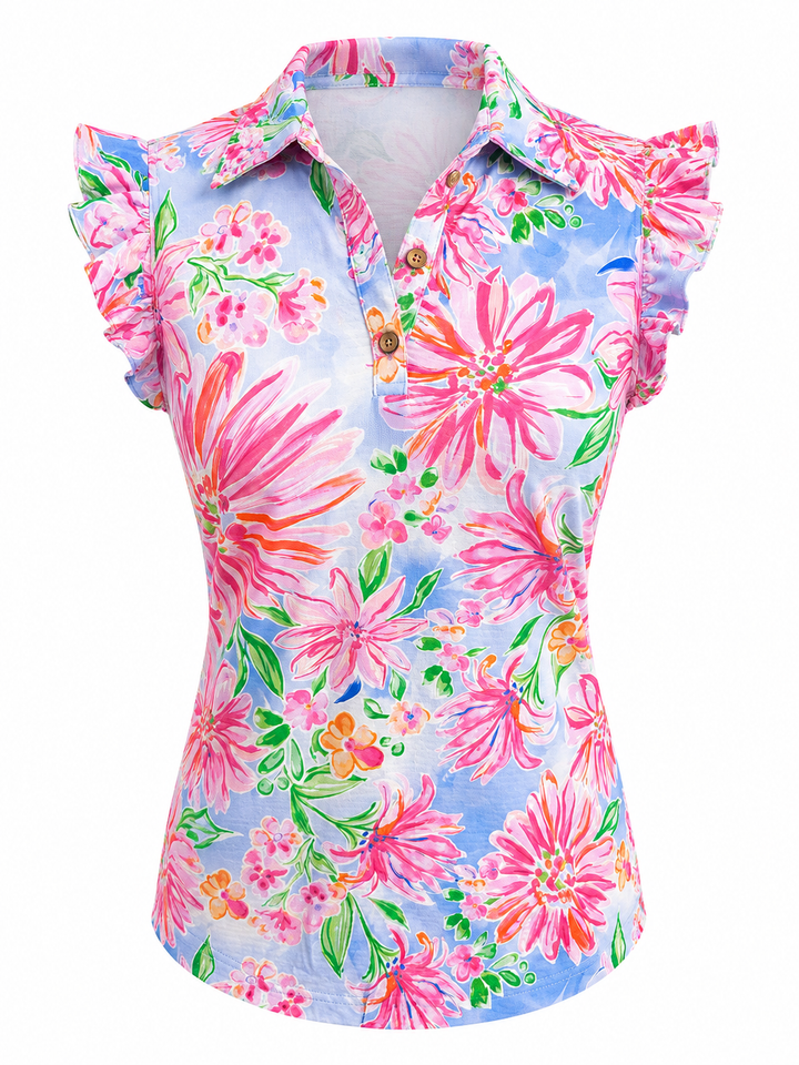 G-Lifestyle Button Ruffle Sleeveless Polo - Flower Garden - Small