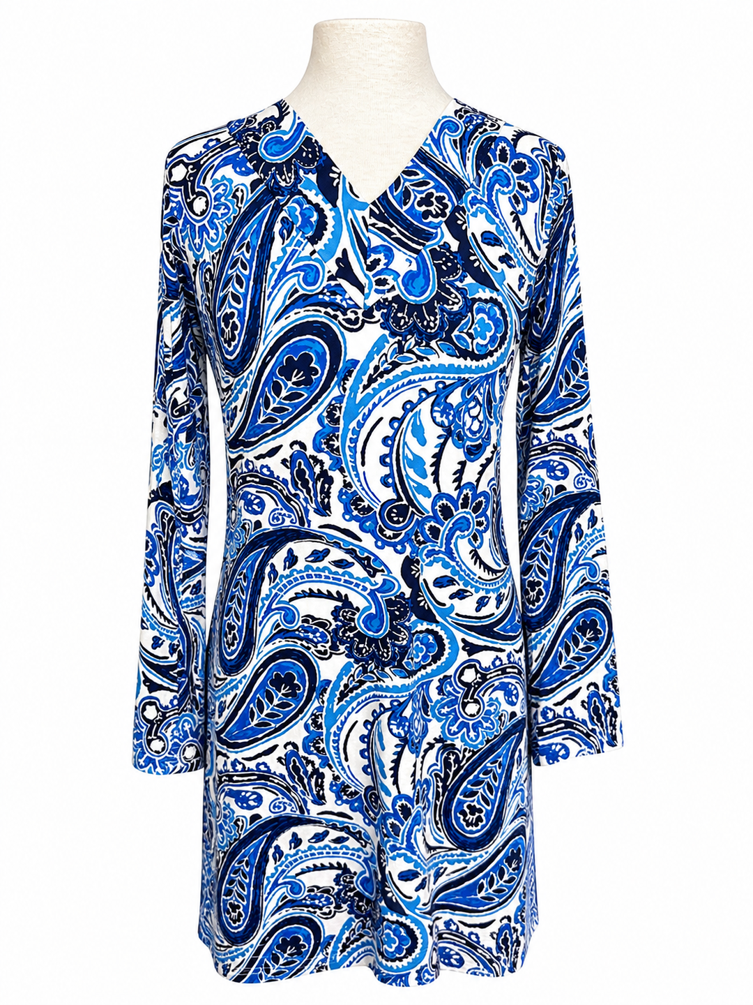 IBKUL Long Sleeve V-Neck Blue Paisley Dress - Small - Skorzie