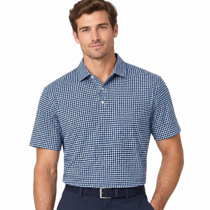 Collars & Co. Men's Polo Performance Fabric Semi-Spread Collar Blue Gingham Size XL