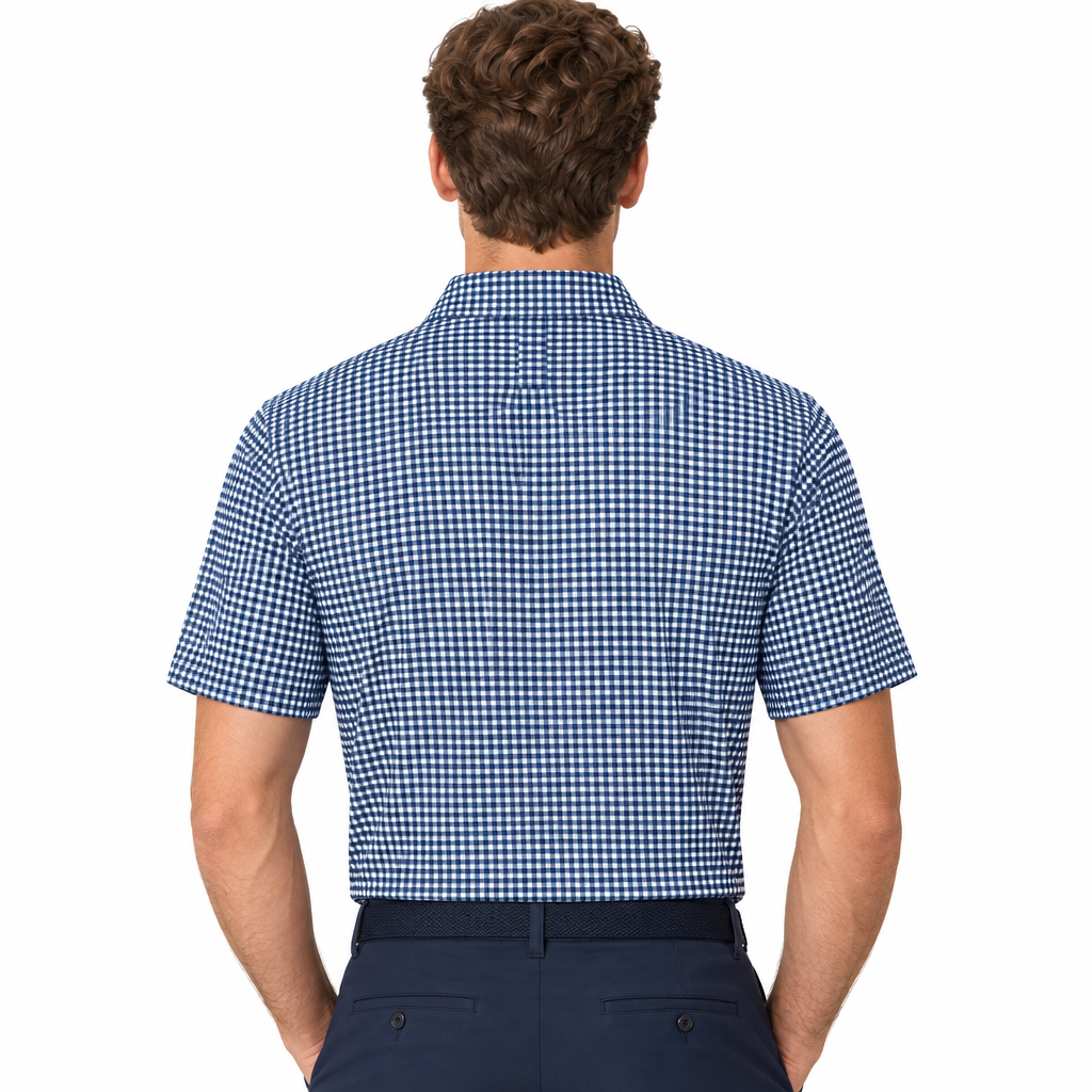 Collars & Co. Men's Polo Performance Fabric Semi-Spread Collar Blue Gingham Size XL
