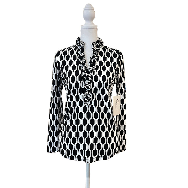 G Lifestyle Long Sleeve Print Double Ruffle Top - Black Geo