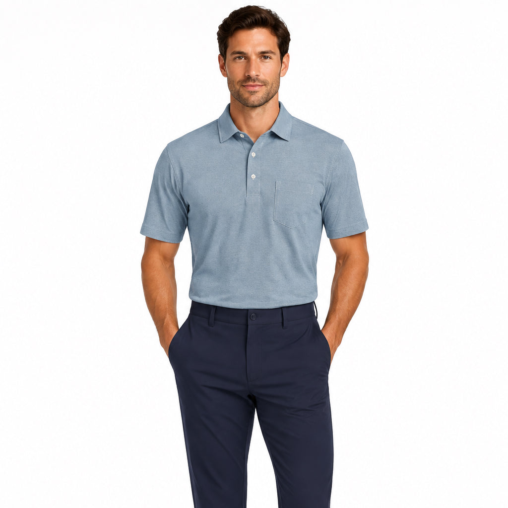 Collars & Co. Men's Polo Performance Fabric Semi-Spread Collar Blue Herringbone Size L