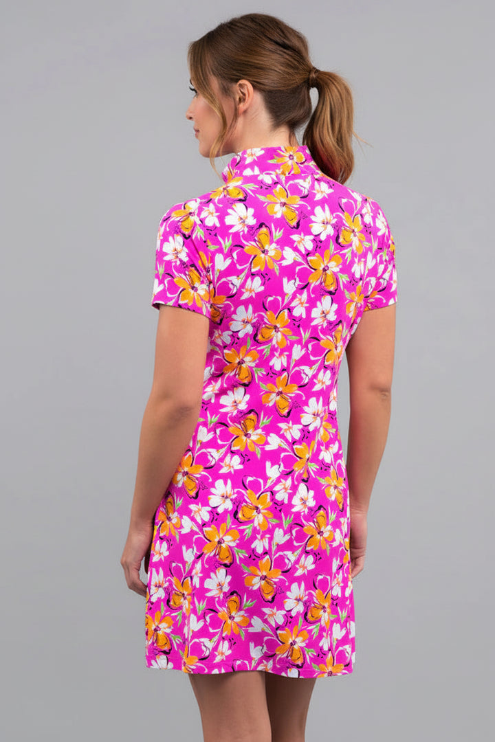 IBKUL Womens Demi Short Sleeve Zip Dress - Hot Pink/Orange Peel