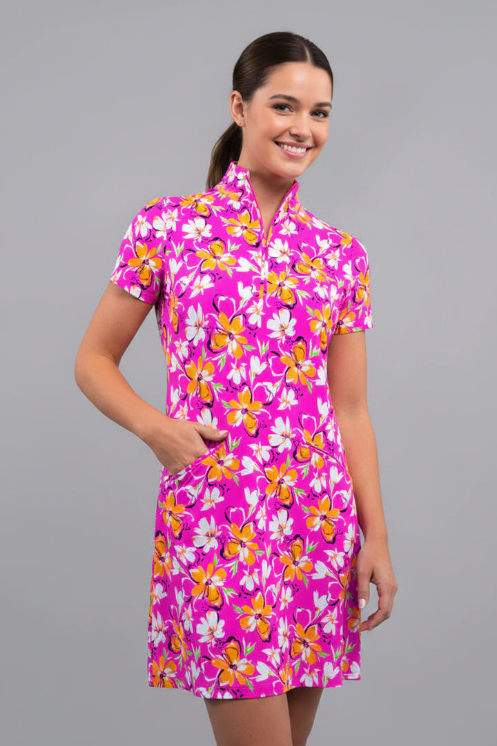 IBKUL Womens Demi Short Sleeve Zip Dress - Hot Pink/Orange Peel
