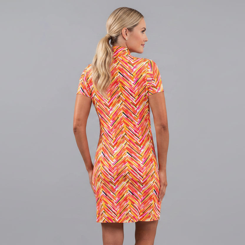 IBKUL Womens Madeline Short Sleeve Zip Dress - Watermelon Splash