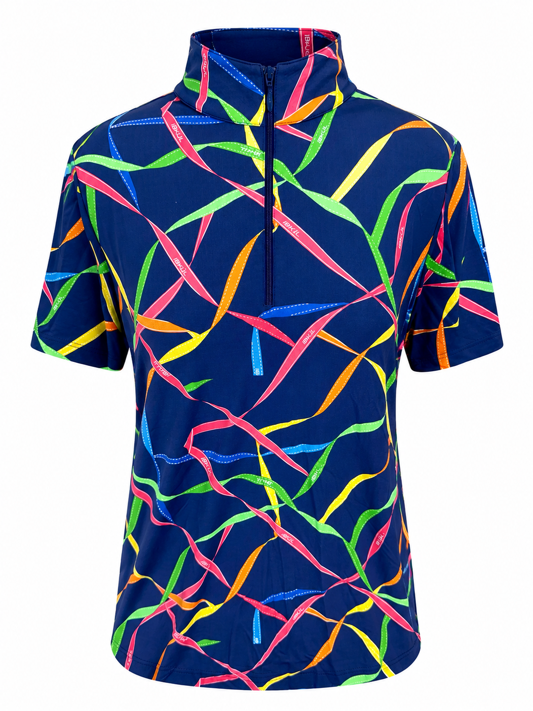 IBKUL Ribbons Short Sleeve Zip Mock - Navy Multi