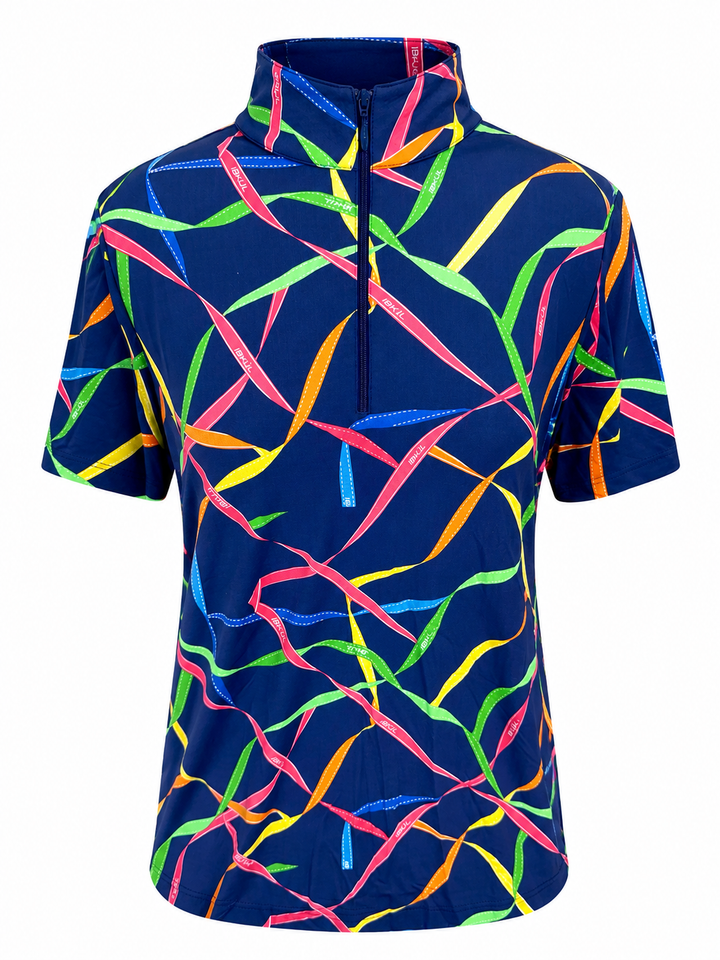 IBKUL Ribbons Short Sleeve Zip Mock - Navy Multi