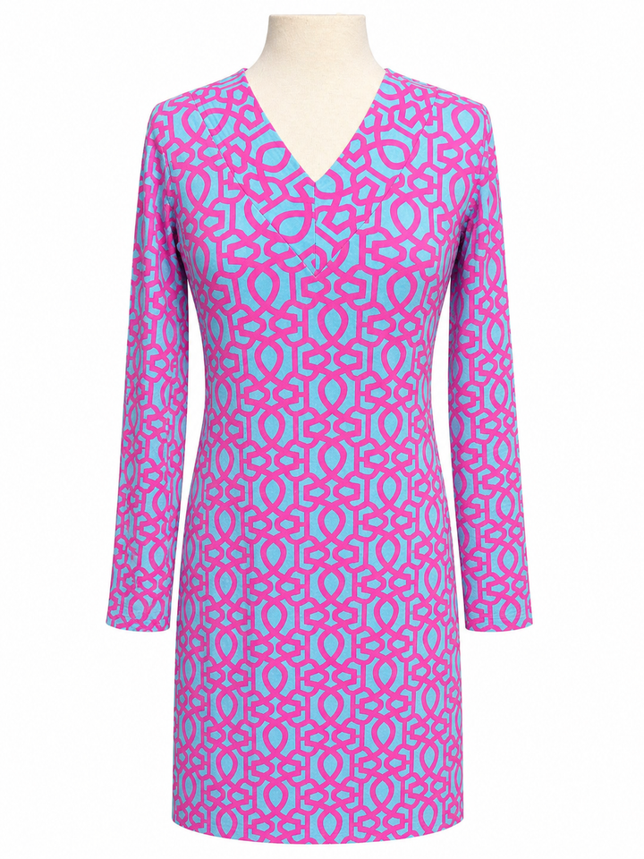 IBKUL Long Sleeve V-Neck Garden Gate Dress - Hot Pink/Sky Blue - Small - Skorzie