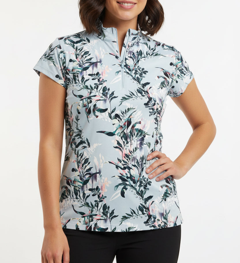 Kastel Women's Polo 1/4 Zip Cap Sleeve Powder Blue Botanical Size L