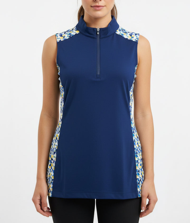 EPNY Women's Golf Polo Sleeveless Mock Geo Print Inky Multi Size L