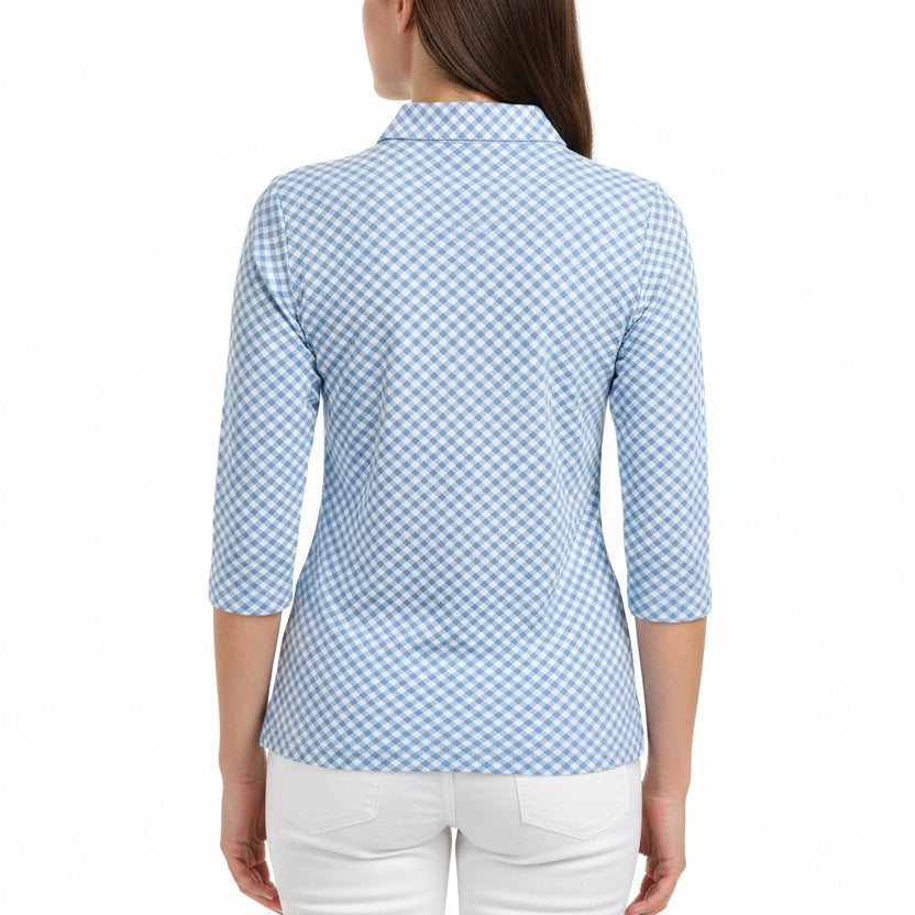 MDC Women's Golf Polo Vichy Print Baby Blue Size 38