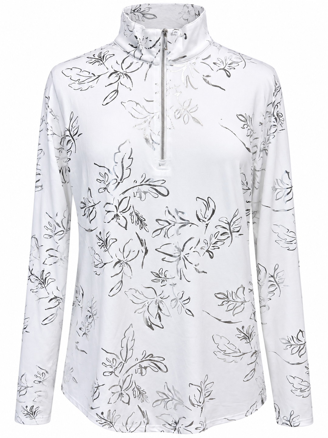 SanSoleil Botanical Long Sleeve Foil Print Mock - White/Metallic Silver