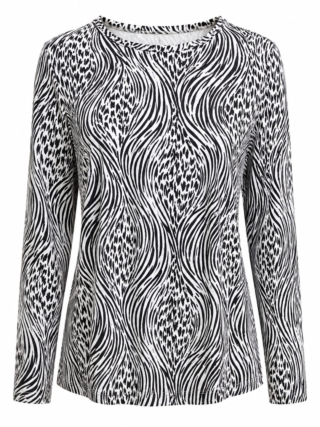 IBKUL Alena Long Sleeve Crew Neck Top - Black/White Safari