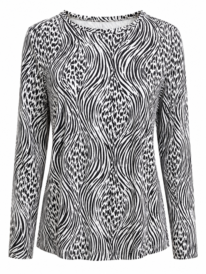 IBKUL Alena Long Sleeve Crew Neck Top - Black/White Safari