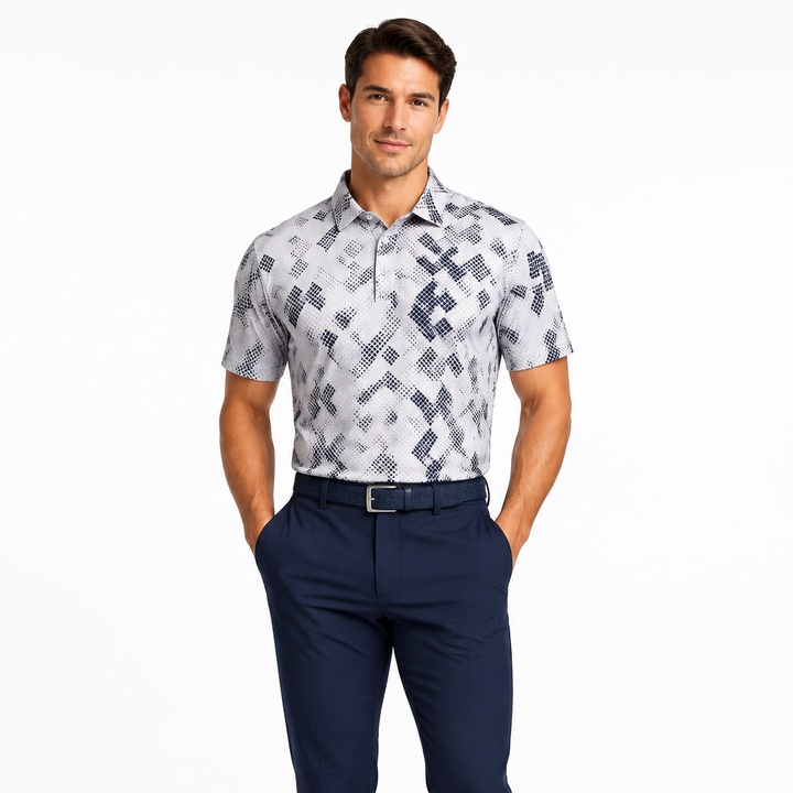 Collars & Co. Men's Polo Performance Fabric Semi-Spread Collar White/Navy Dot Size L