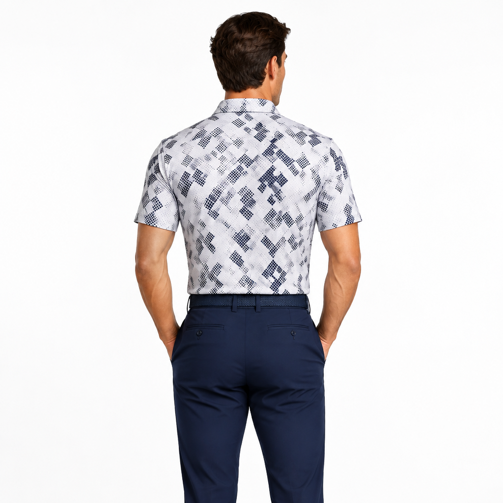 Collars & Co. Men's Polo Performance Fabric Semi-Spread Collar White/Navy Dot Size L