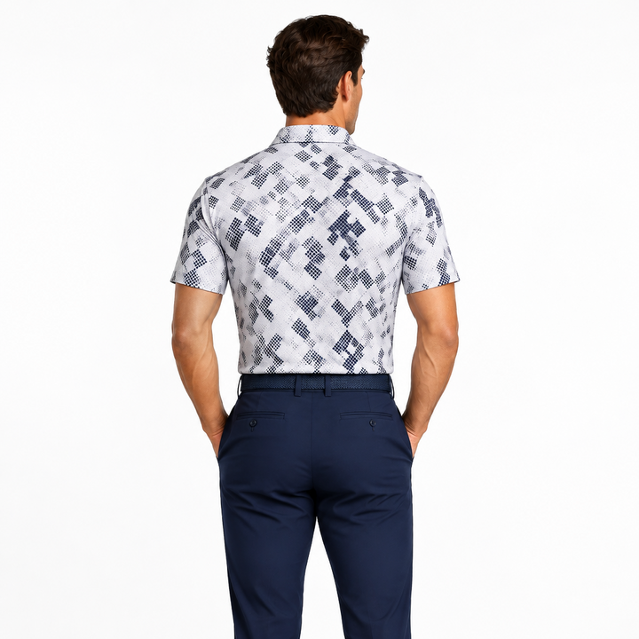 Collars & Co. Men's Polo Performance Fabric Semi-Spread Collar White/Navy Dot Size L