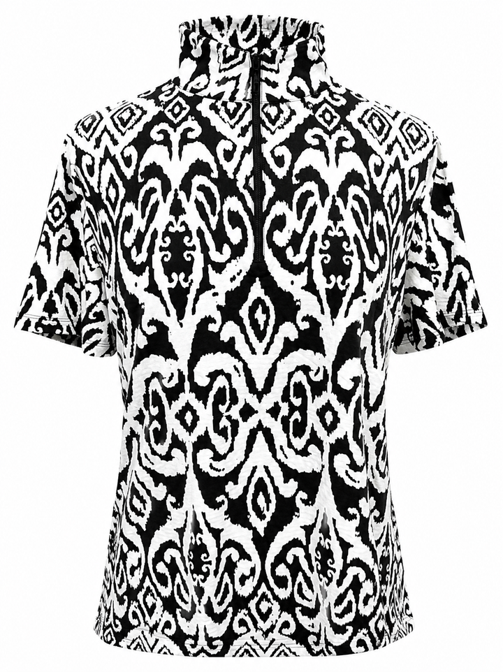 IBKUL Doreen Short Sleeve Zip Mock - Black/White