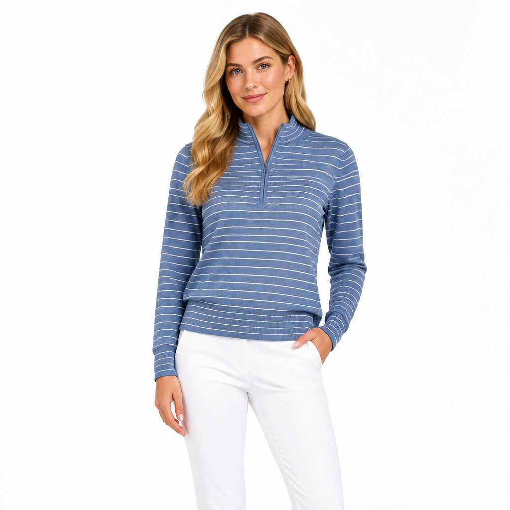 Renwick Women's Quarter Zip Cotton Striped Sweater Periwinkle/White Size S