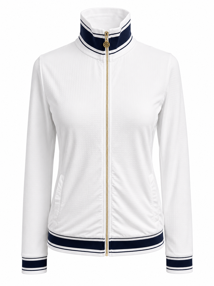 G-Lifestyle Women's Golf Striped Trim Stretch Performance Zip Jacket - White - Small