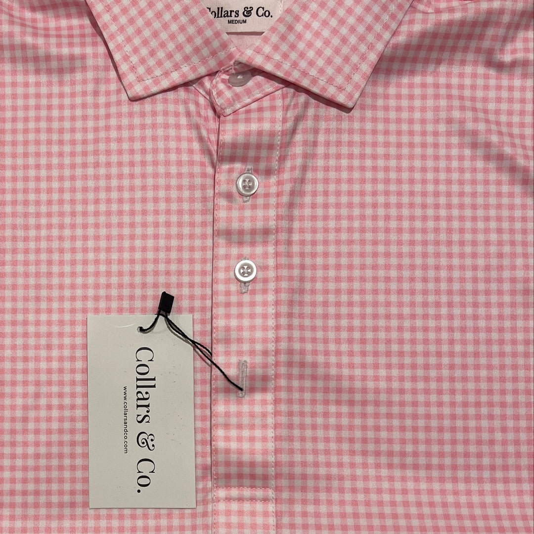 Collars & Co. Men's Polo Performance Fabric Semi-Spread Collar Pink Gingham Size L