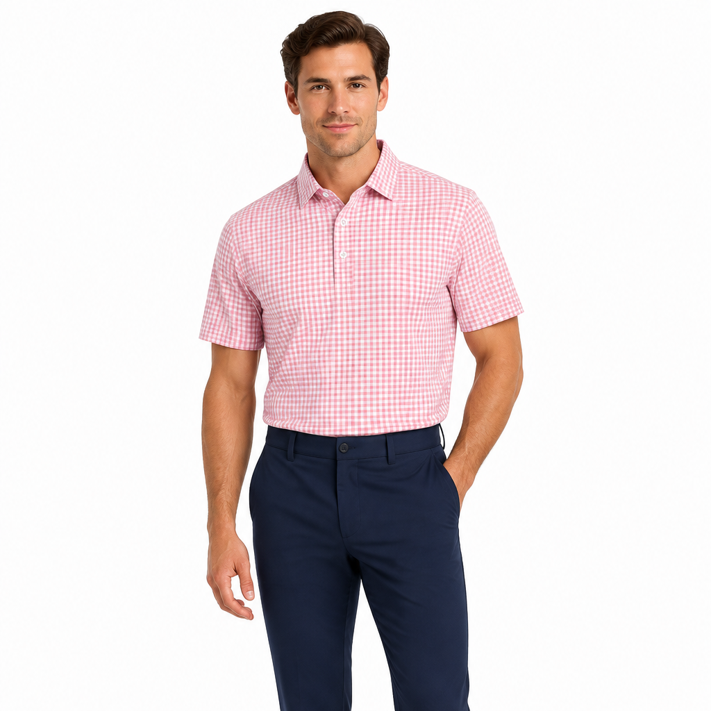 Collars & Co. Men's Polo Performance Fabric Semi-Spread Collar Pink Gingham Size L