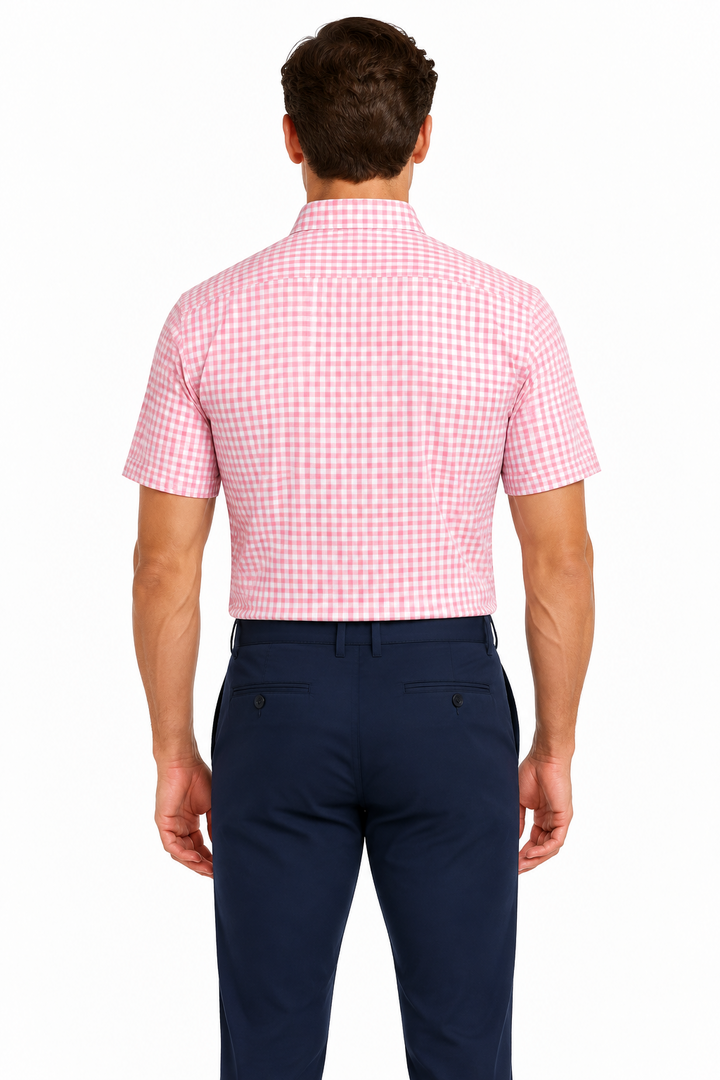 Collars & Co. Men's Polo Performance Fabric Semi-Spread Collar Pink Gingham Size L