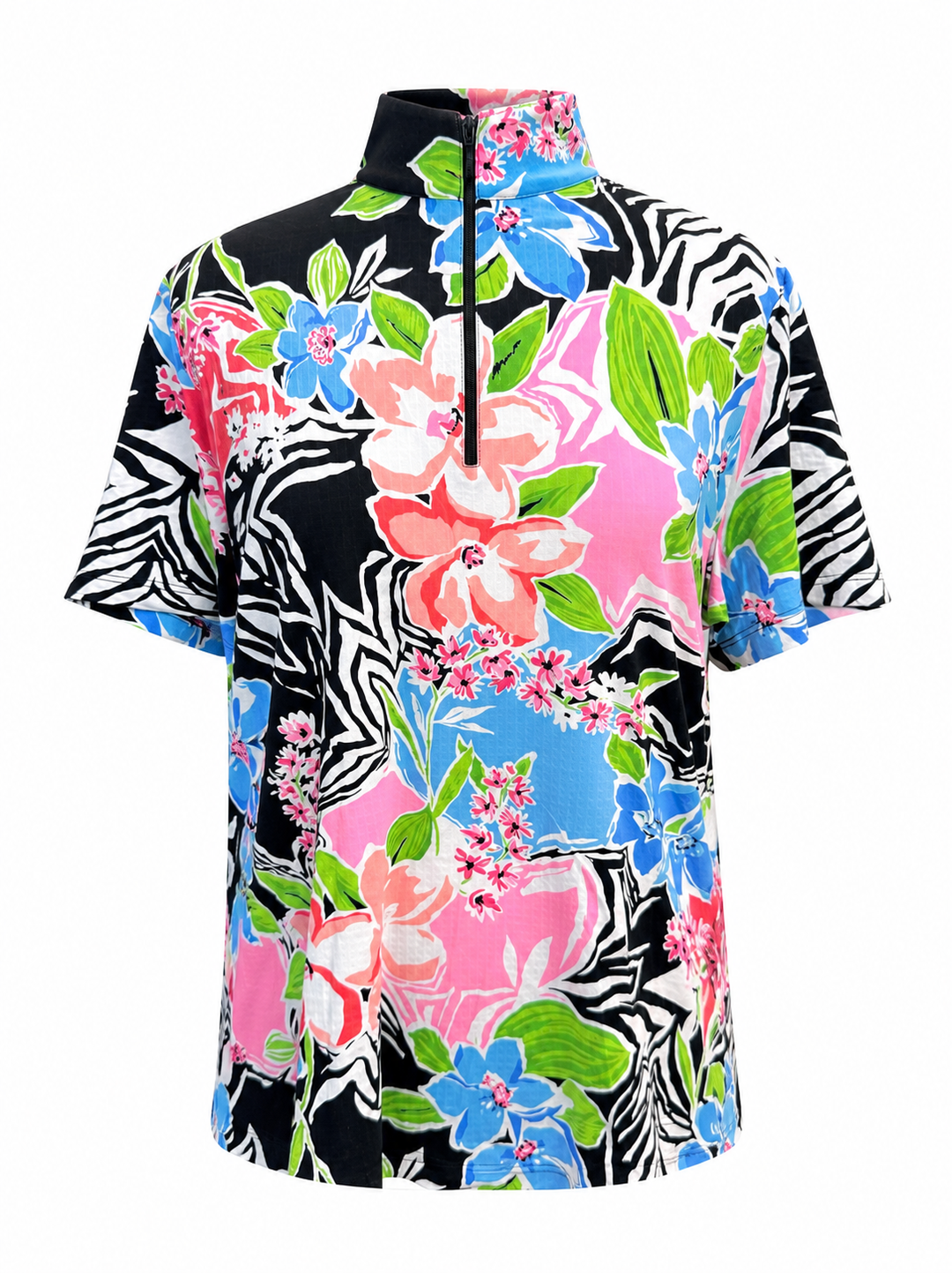 IBKUL Amelia Short Sleeve Zip Mock - Black Multi