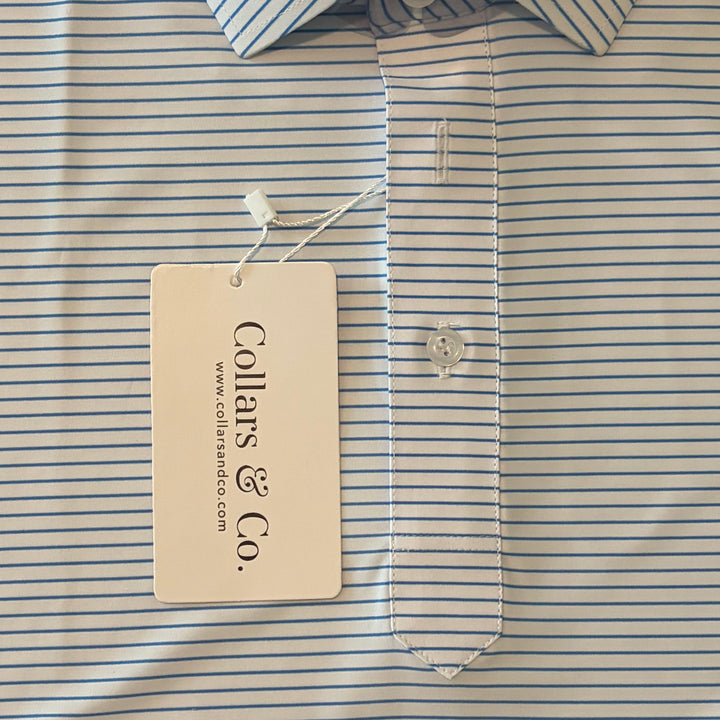 Collars & Co Men's Golf Polo Featherweight Semi-Spread Collar Blue Stripe Size L