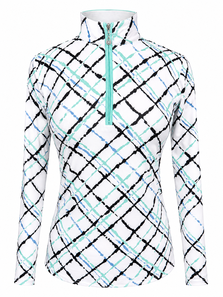 SanSoleil SolCool Print Long Sleeve Mock - Black/Seafoam Plaid - XS