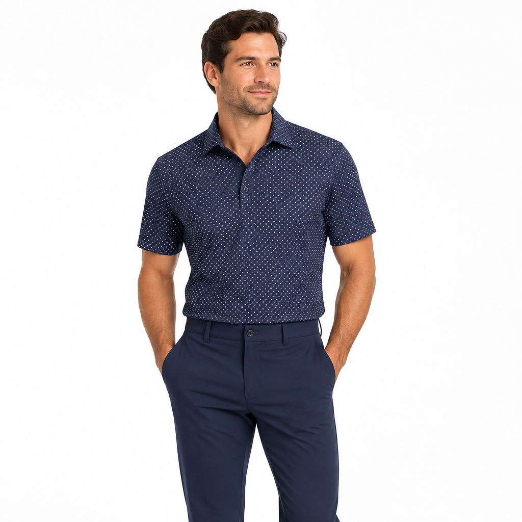 Collars & Co. Men's Polo Performance Fabric Semi-Spread Collar Midnight Micro Dot