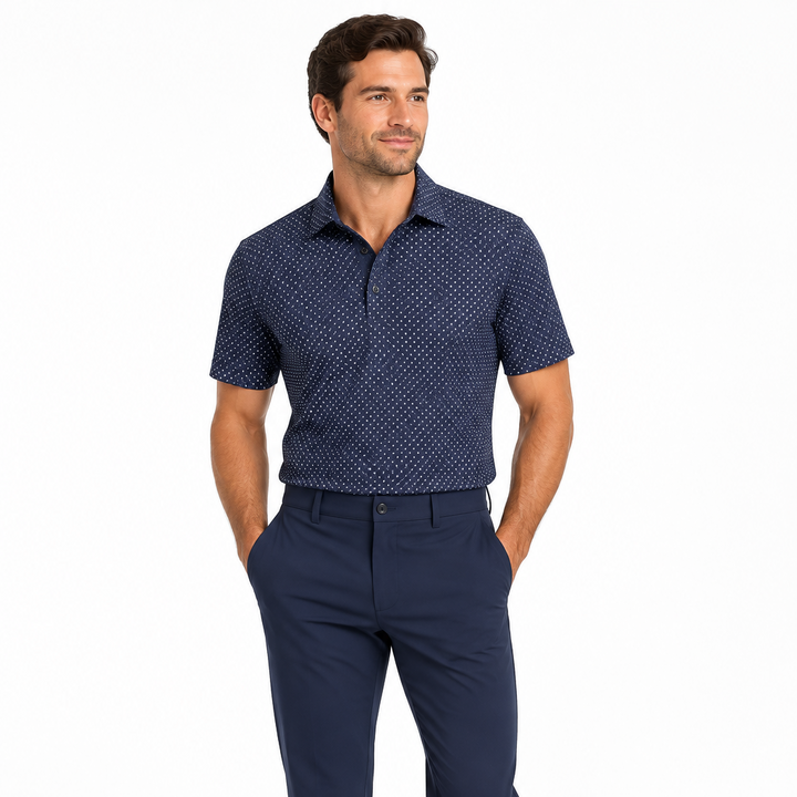 Collars & Co. Men's Polo Performance Fabric Semi-Spread Collar Midnight Micro Dot