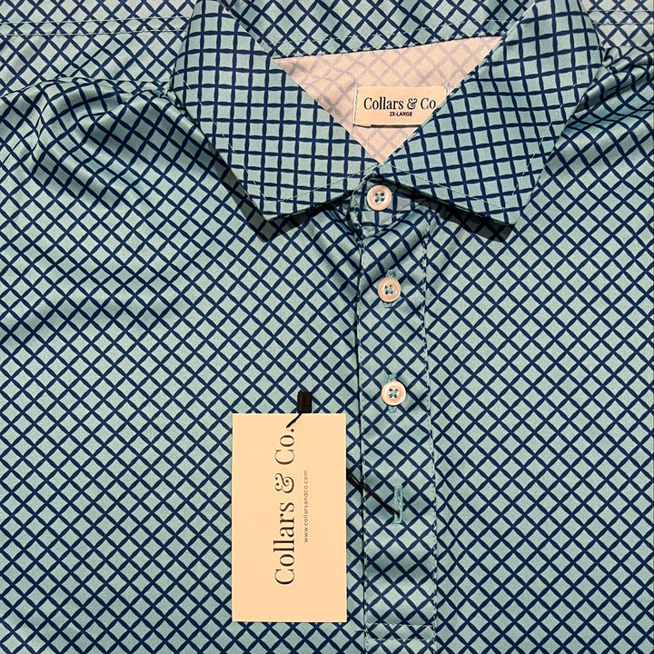 Collars & Co. Men's Polo Performance Fabric Semi-Spread Collar Teal/Blue Print Size 2XL