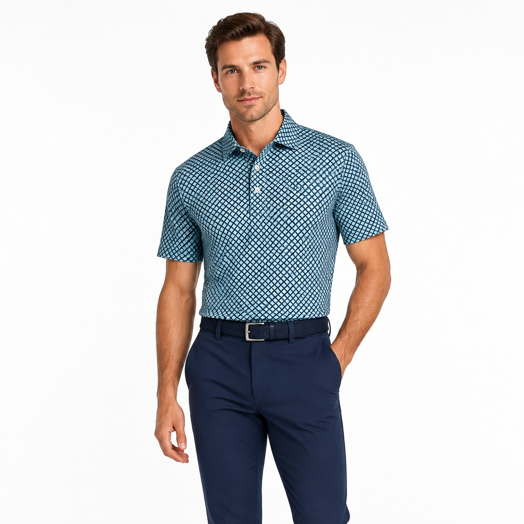 Collars & Co. Men's Polo Performance Fabric Semi-Spread Collar Teal/Blue Print Size 2XL