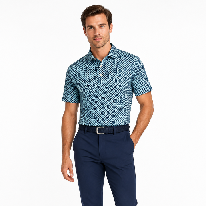 Collars & Co. Men's Polo Performance Fabric Semi-Spread Collar Teal/Blue Print Size 2XL