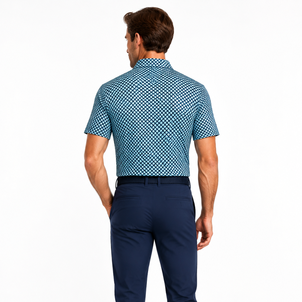 Collars & Co. Men's Polo Performance Fabric Semi-Spread Collar Teal/Blue Print Size 2XL