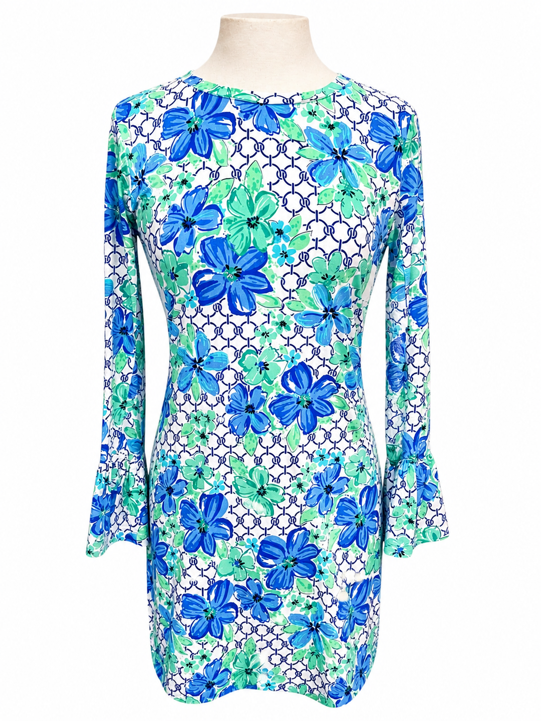 IBKUL Blue Floral Bell Sleeve Dress - Small - Skorzie