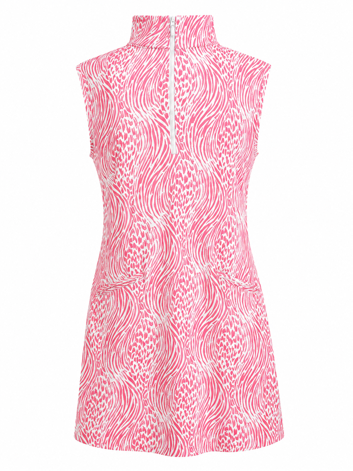 IBKUL Safari Sleeveless Zip Mock Dress - Watermelon/White