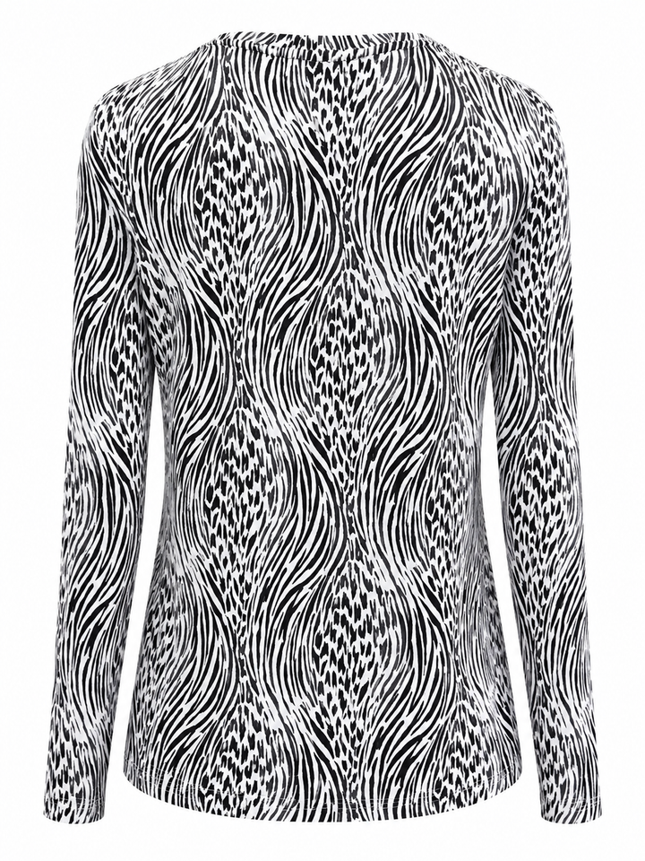IBKUL Alena Long Sleeve Crew Neck Top - Black/White Safari
