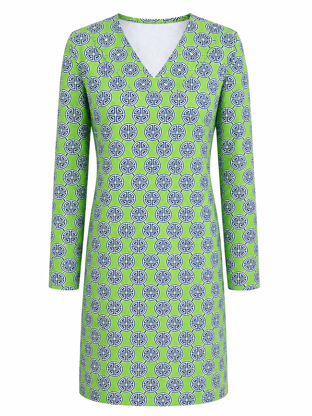 IBKUL Long Sleeve V-Neck Green Pattern Dress - Small - Skorzie