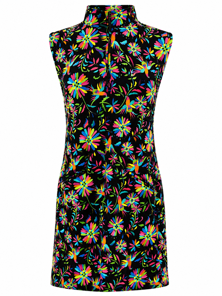IBKUL Colorful Birds Sleeveless Zip Mock Dress - Black/Multi