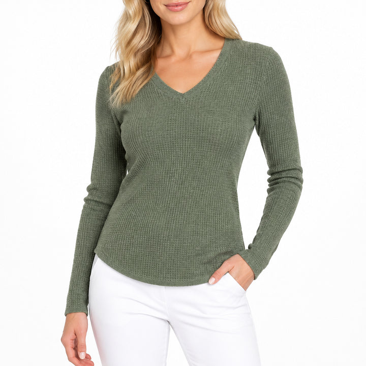 Margaret O'Leary Women's L/S Shirttail Waffle Vee Sage Size XS